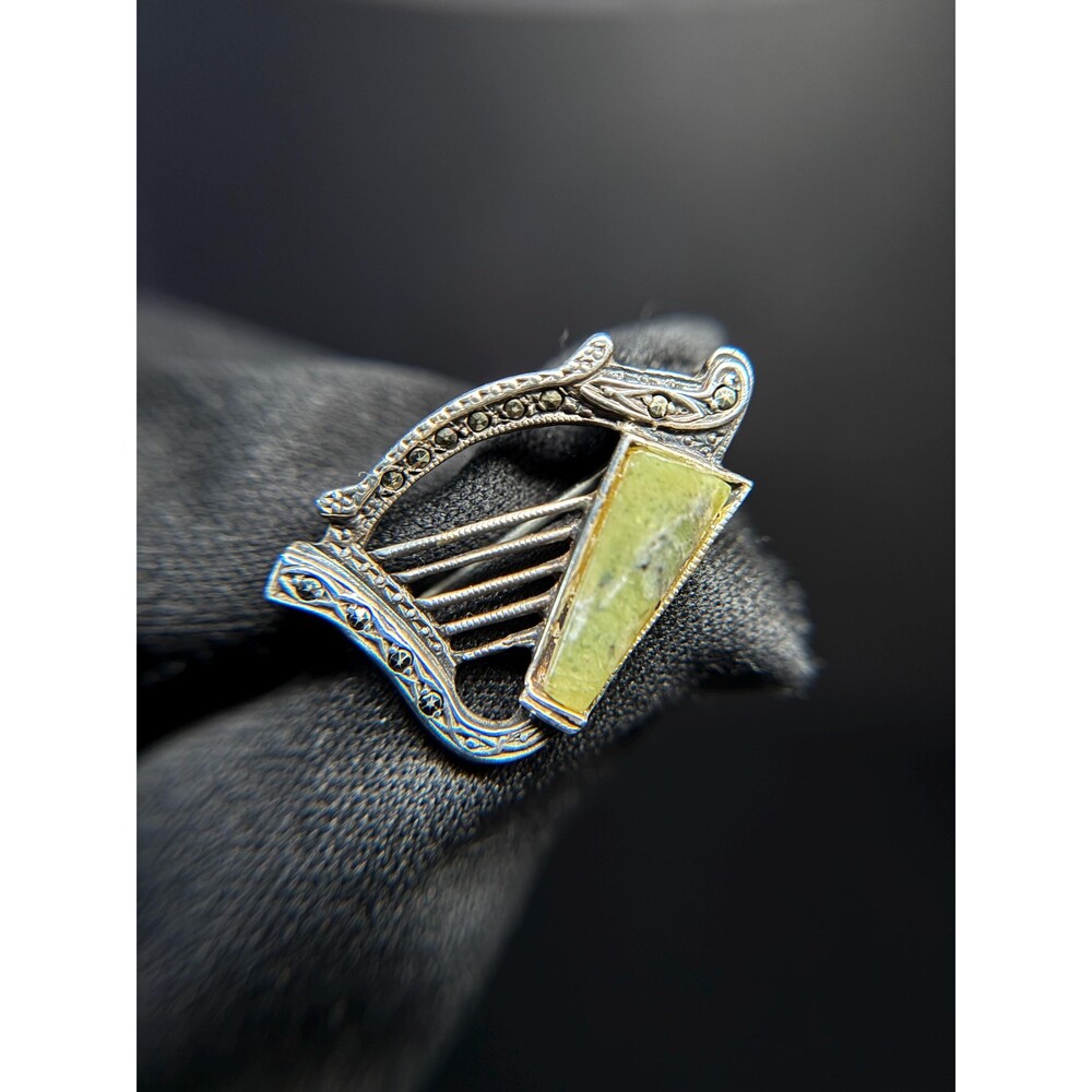Vintage Sterling Silver Serpentine Marcasite Harp Brooch